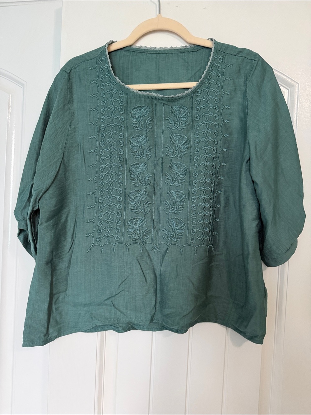 SHEIN Teal Green Embroidered Peasant Blouse